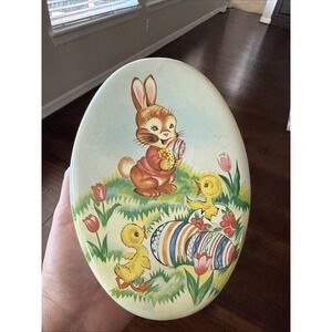 Vtg DAHER England Egg Shaped Easter Tin/Decor Bunny Ducks Eggs Tulips Grass 6"